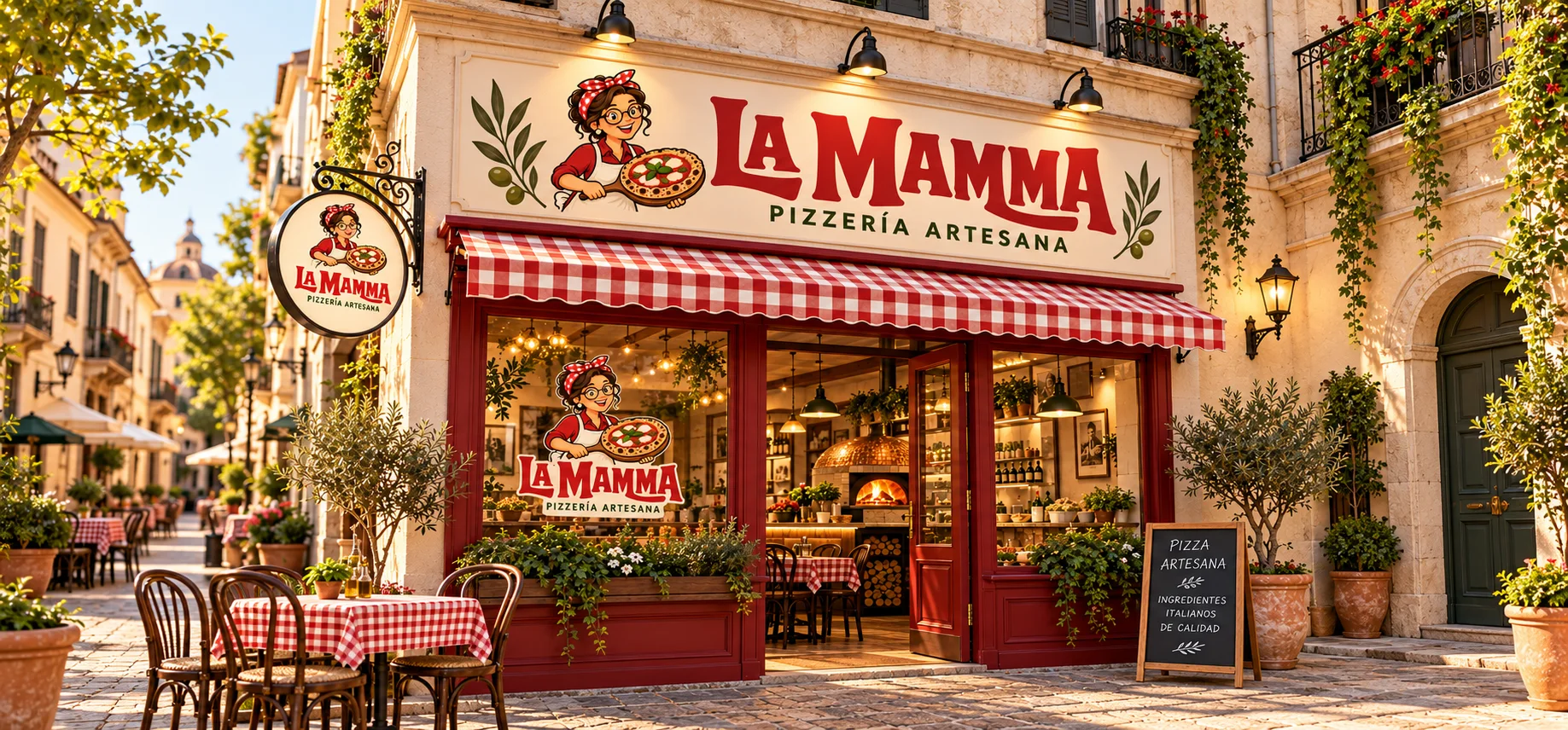 La Mamma: fachada de la pizzería con rótulo, toldo de cuadros rojos, banderola con el logotipo y terraza con manteles de cuadros en una calle empedrada