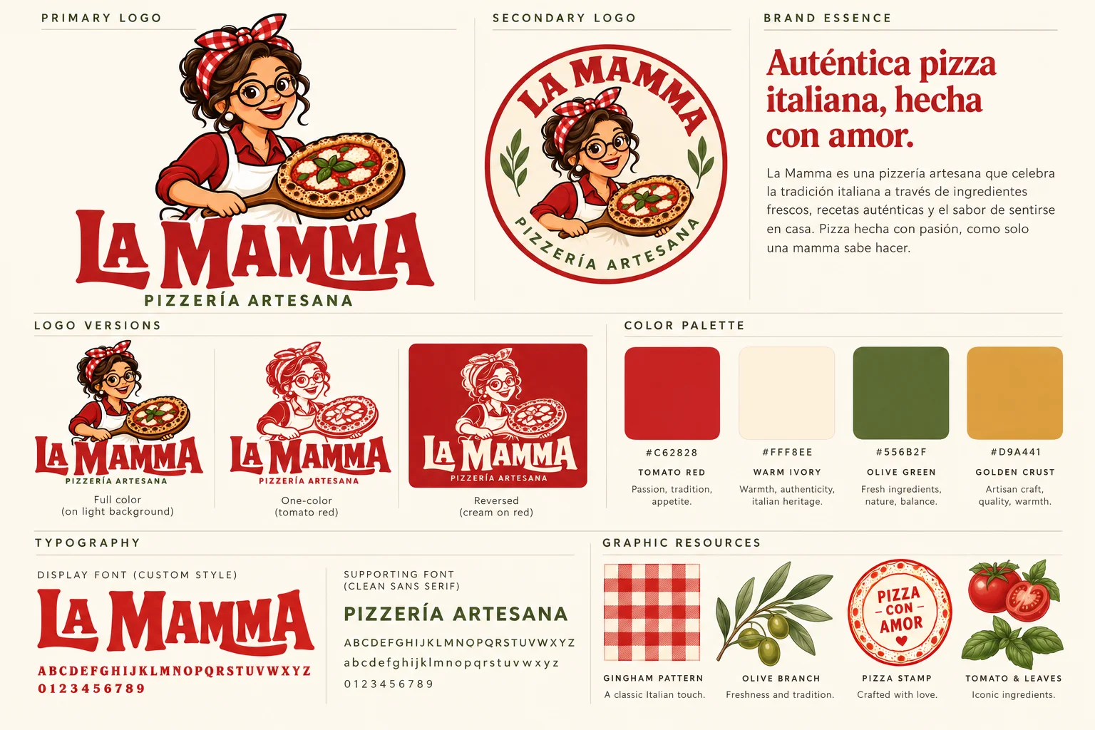 La Mamma: guía visual de marca con logotipo principal y secundario, versiones del logo, paleta de colores, tipografías y recursos gráficos