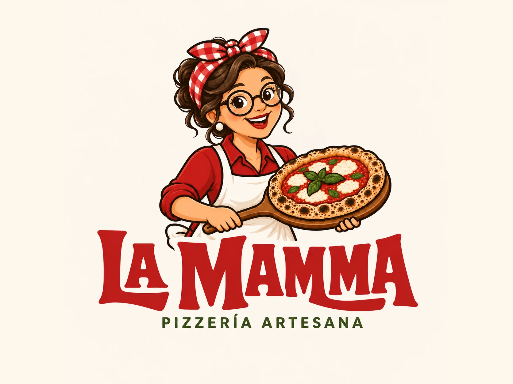La Mamma: logotipo de la pizzería artesana con su mascota, una mamma con gafas y pañuelo de cuadros que sostiene una pizza margarita en la pala