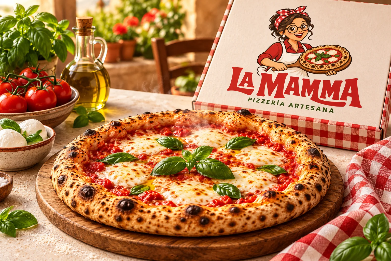 La Mamma: pizza margarita napolitana recién horneada sobre una tabla de madera, con la caja de la pizzería, tomates, mozzarella y albahaca