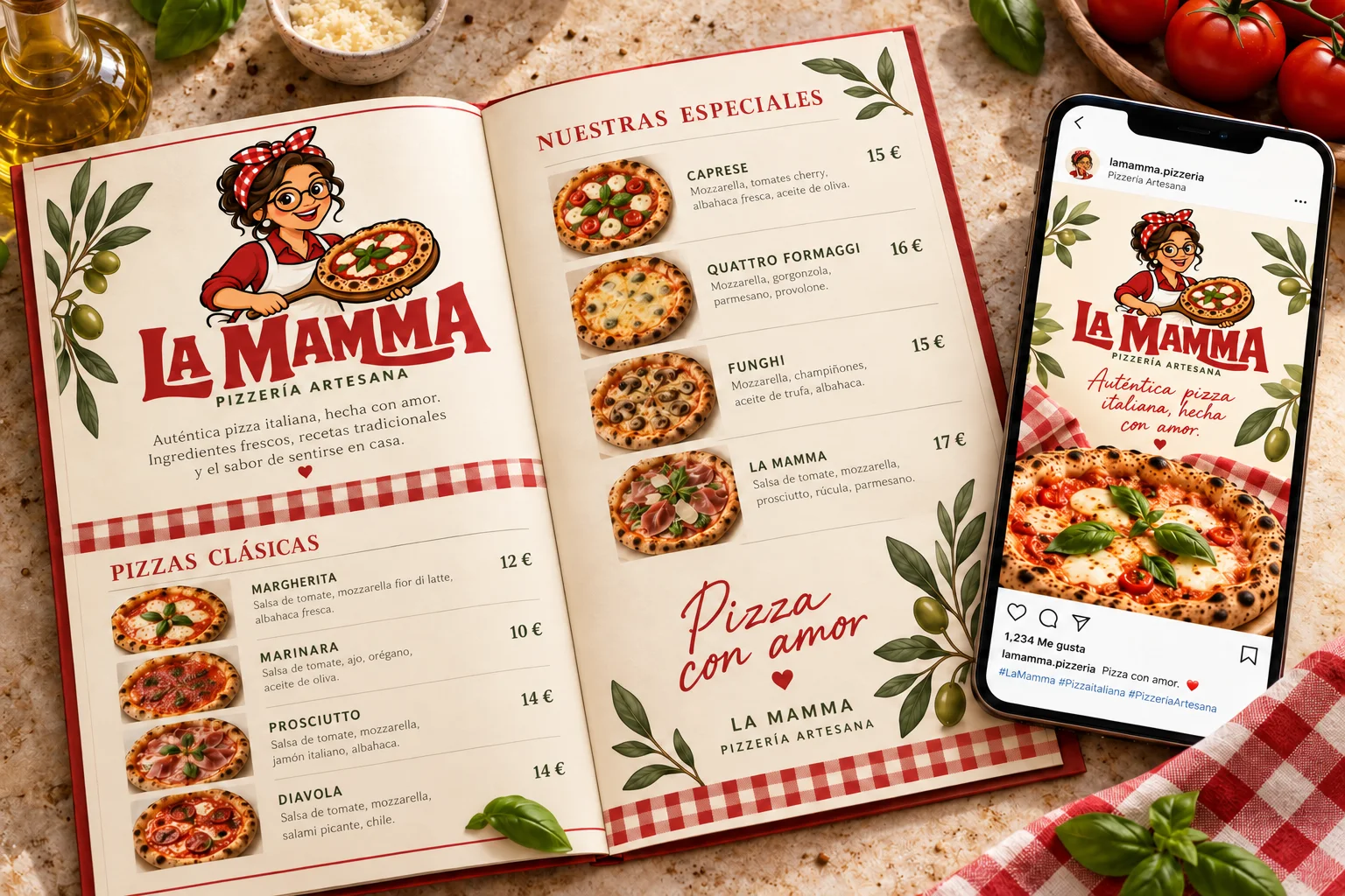La Mamma: carta abierta con las pizzas clásicas y especiales y sus precios, junto a un móvil con una publicación de Instagram de la pizzería