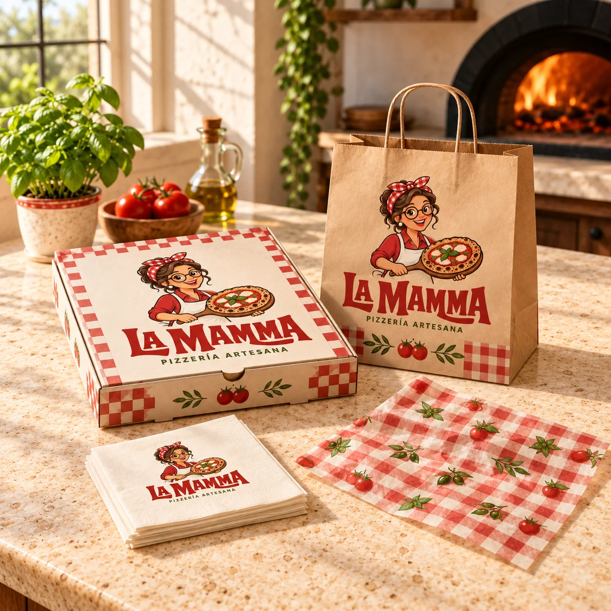 La Mamma: caja de pizza, bolsa de papel kraft, servilletas y papel de cuadros con el logotipo sobre un mostrador junto al horno de leña