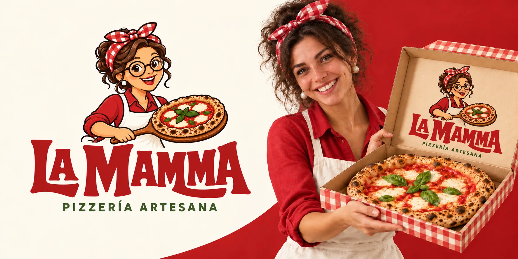 La Mamma: banner con el logotipo de la pizzería y una mujer sonriente con pañuelo de cuadros que muestra una pizza margarita en su caja